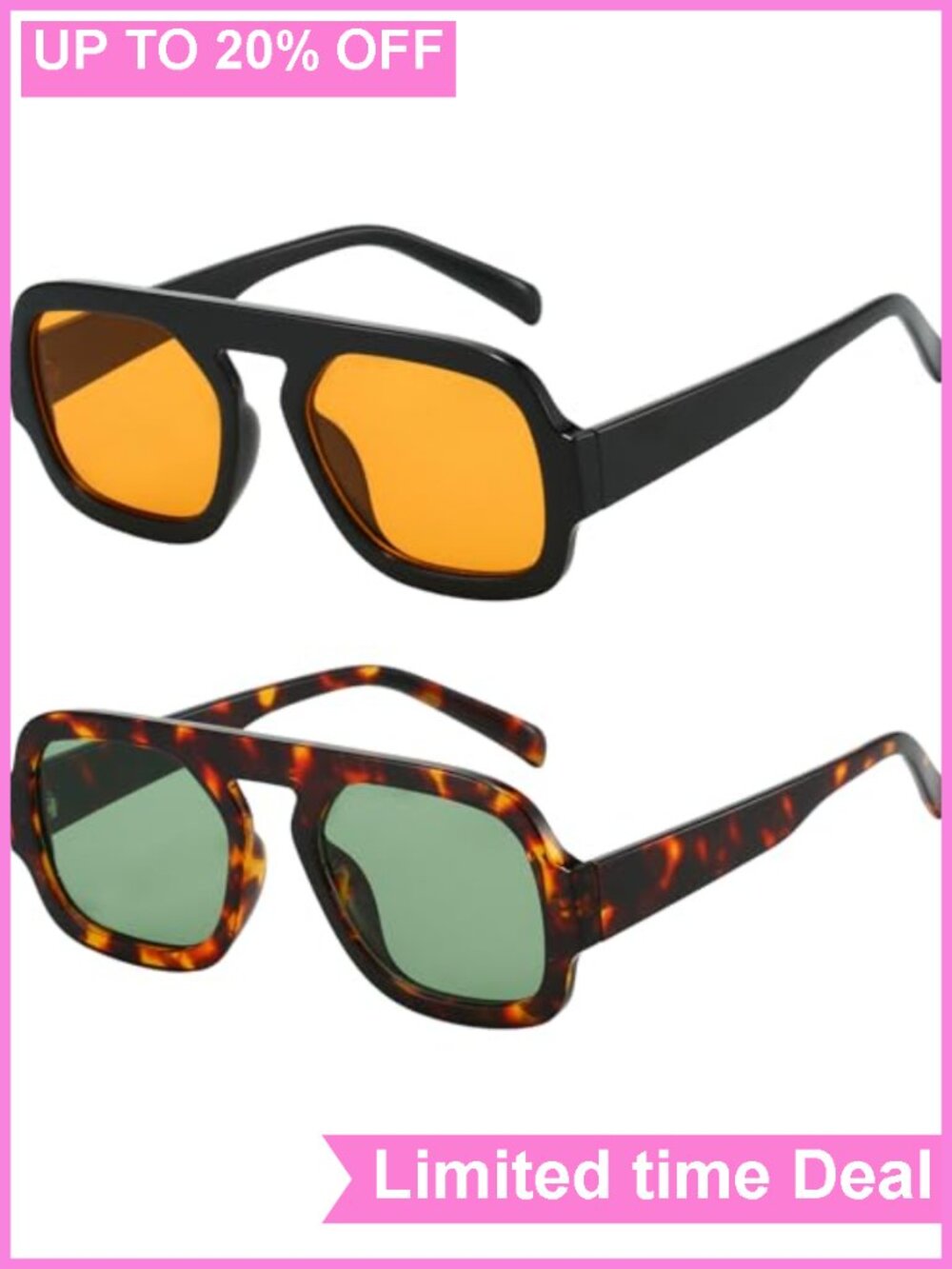 Vintage Square Flat Top Aviator Sunglasses Women 2 Pack UV400 Non-Polarized